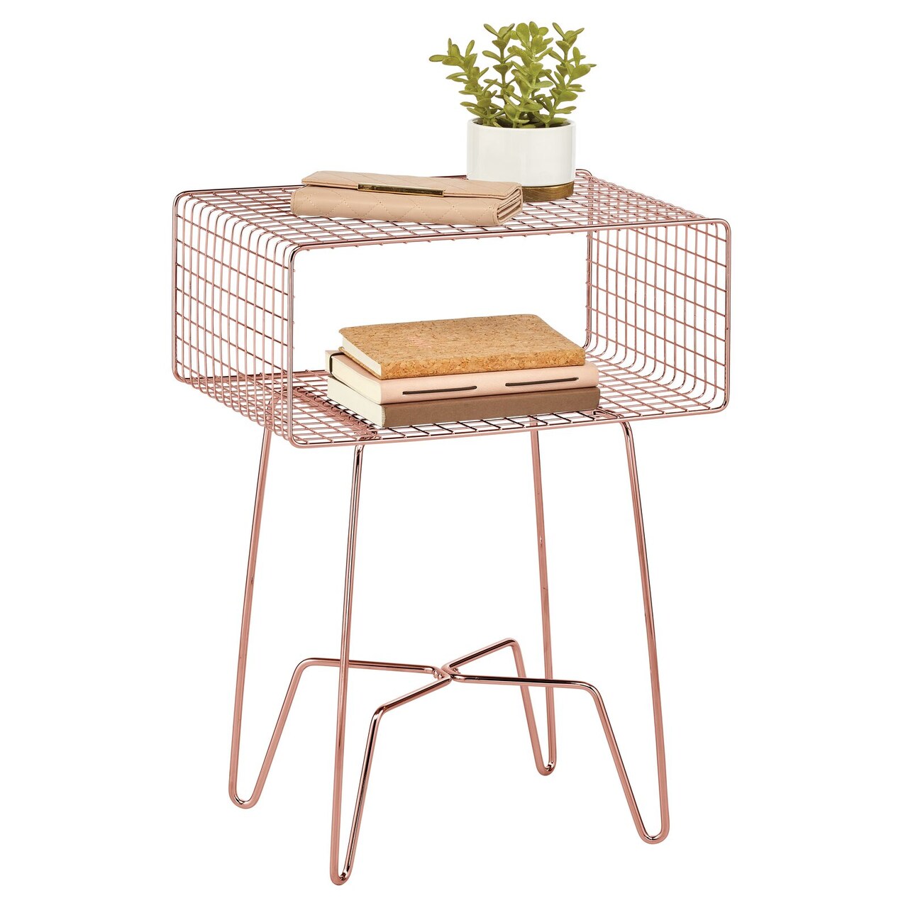 mDesign Modern Farmhouse Home Decor End Table, Wire Grid Storage Shelf